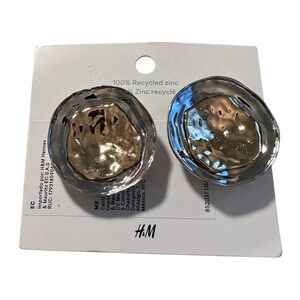 #606 H&M Silver & Gold‎ Hammered Large Round Stud Earrings NEW